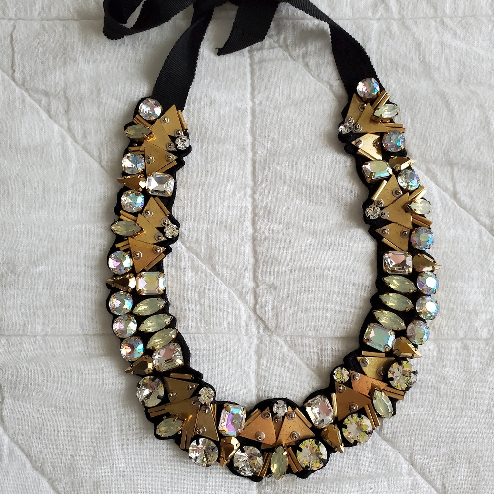 J. Crew Black Ribbon Brass & Mixed Stone Necklace